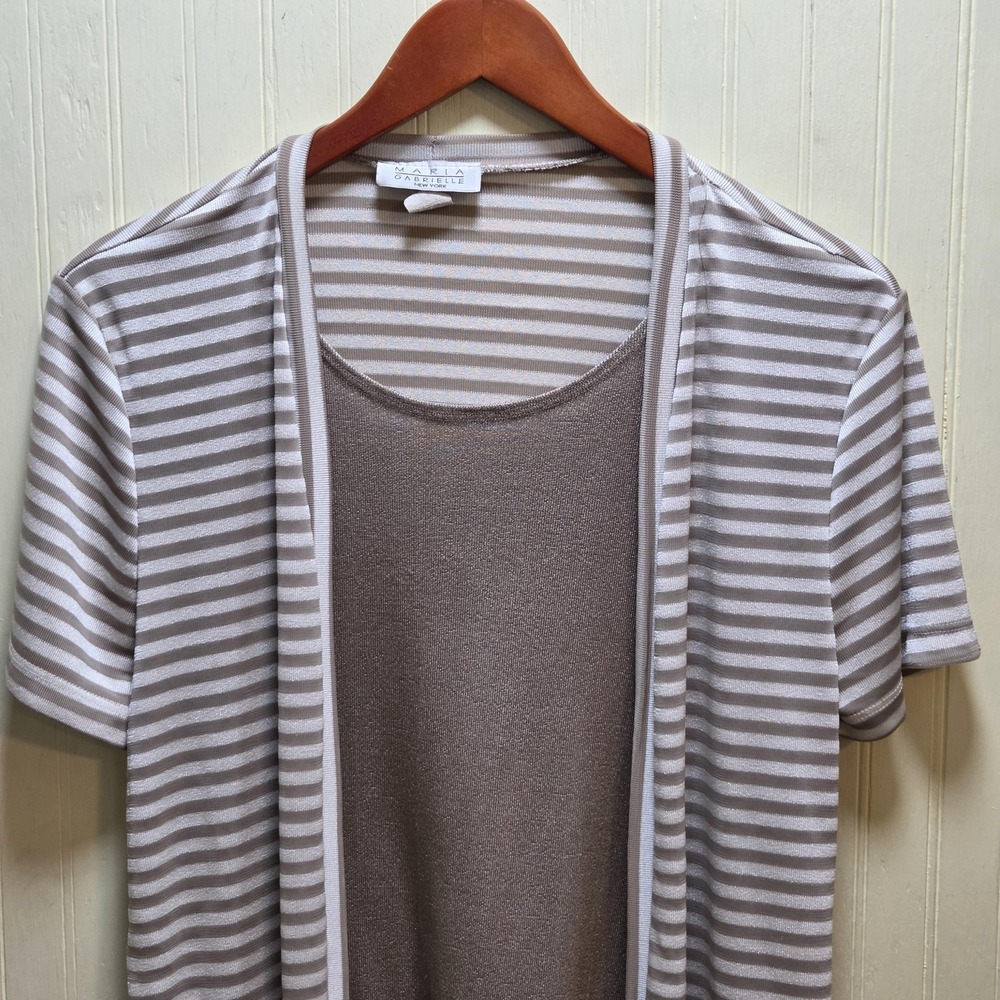 Maria Gabrielle Sweater Set Womens Large Beige Striped Cardigan Tank Lightweight